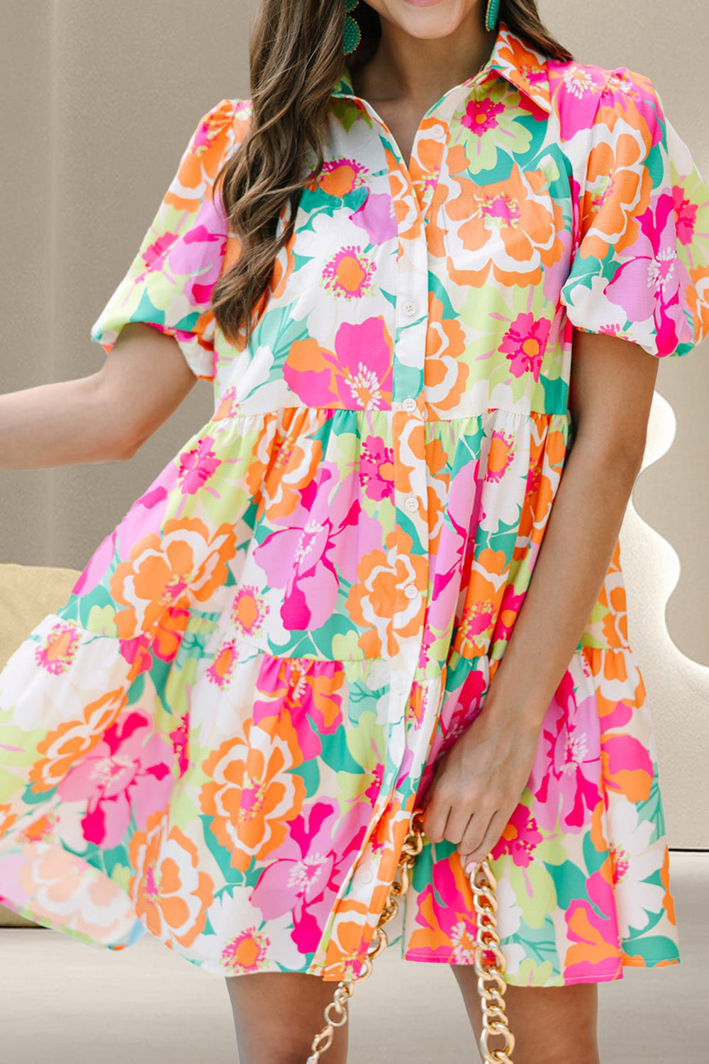 Tiered Printed Short Sleeve Mini Dress